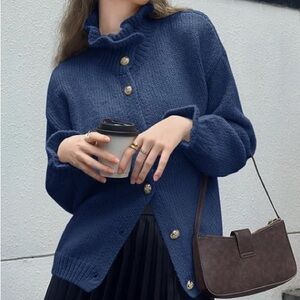 Navy Blue Button-Up Women's Sweater